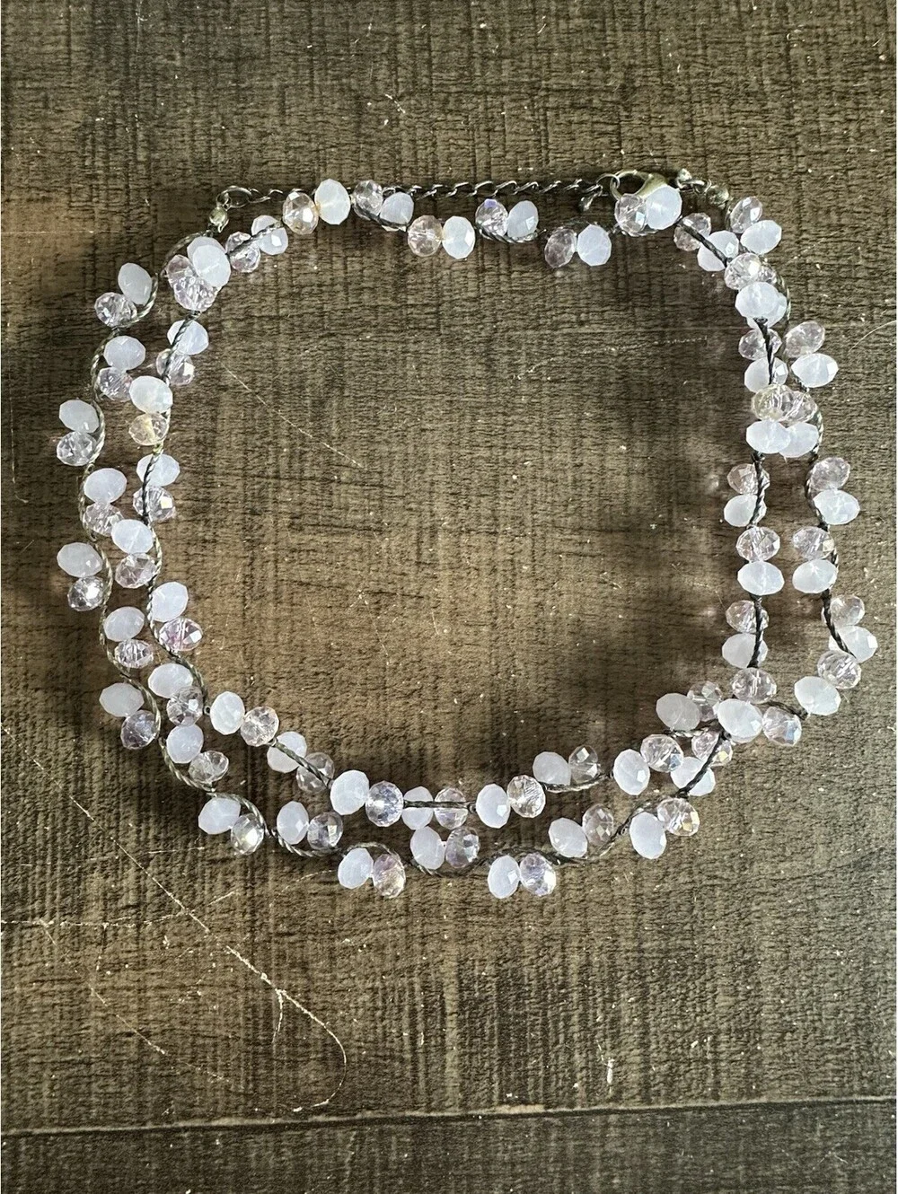 Pink Crystal & Frosted Glass Bead Necklace Silver Tone Adjustable Statement
